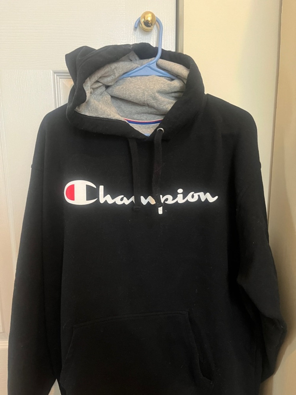 Vintage Champion Black Hoodie with White and Red Logo